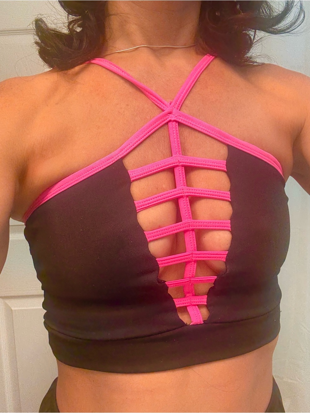 Strappy Cutout Bralette Crop Bikini Top Black with Hot Pink Trim Sports Bra